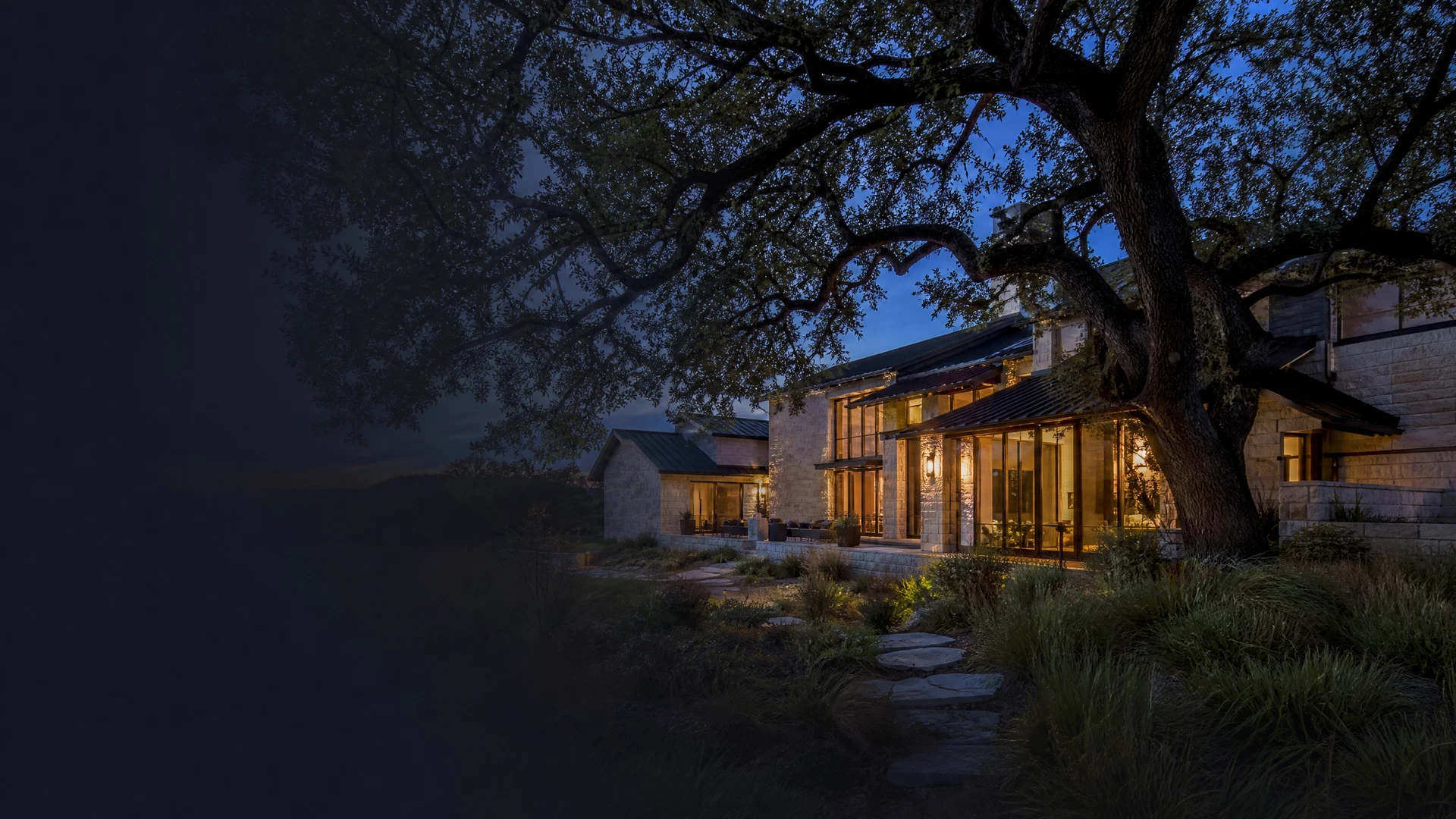 Illustrative mature tree and refined Central Texas residential property